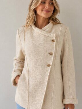 Free People Wool Military Pea Coat – Asymmetric 3-Button – Cream/Ivory – Size 2